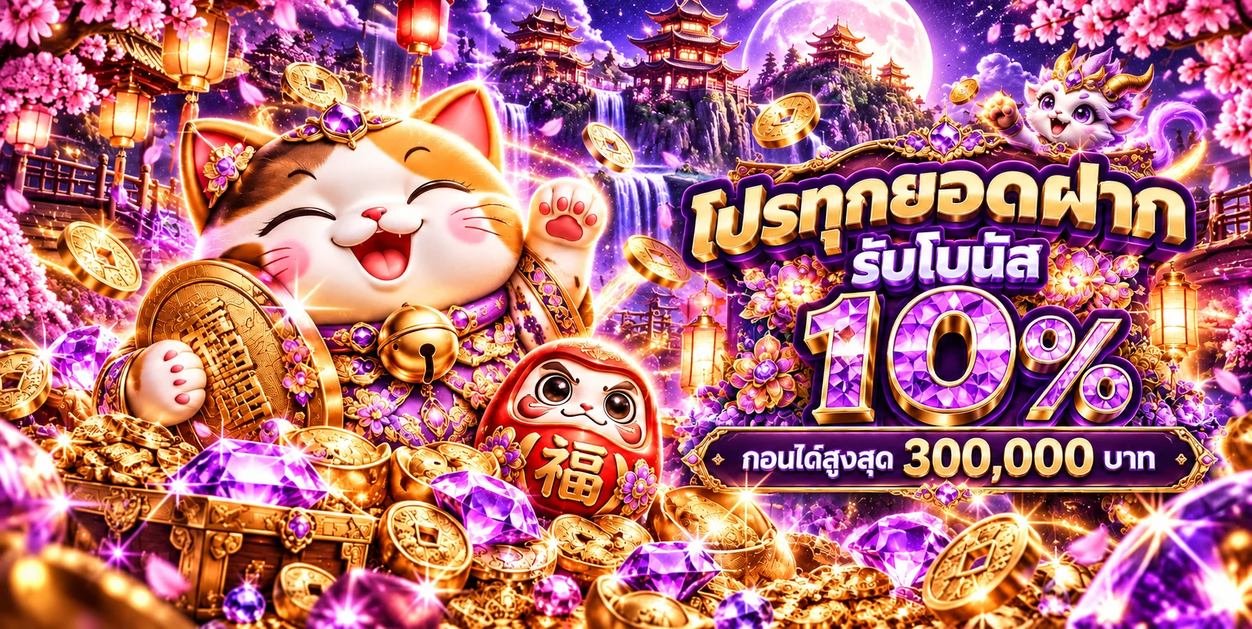 แบนเนอร์สล็อตออนไลน์ STAGE365 แมวนำโชคและอัญมณี